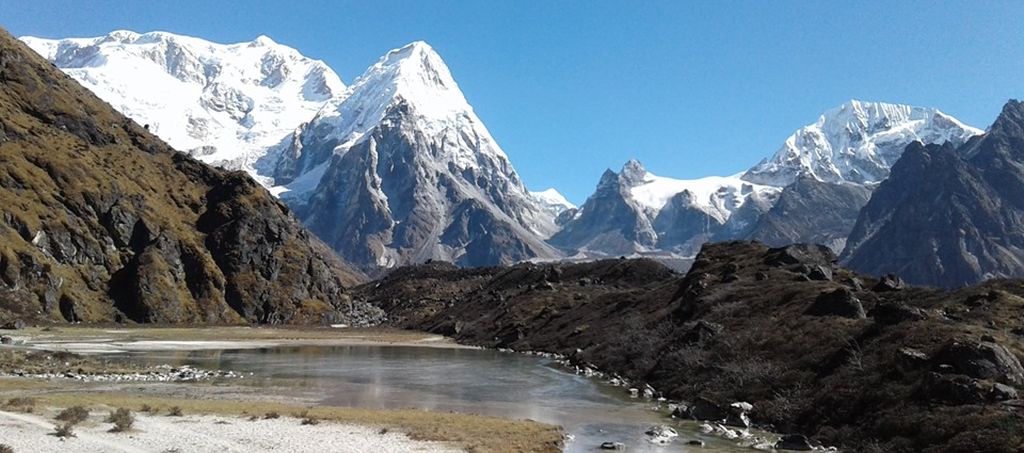 Mounts Kabru and Ratong on the approach to Ramze on South Side of Mount Kangchenjunga