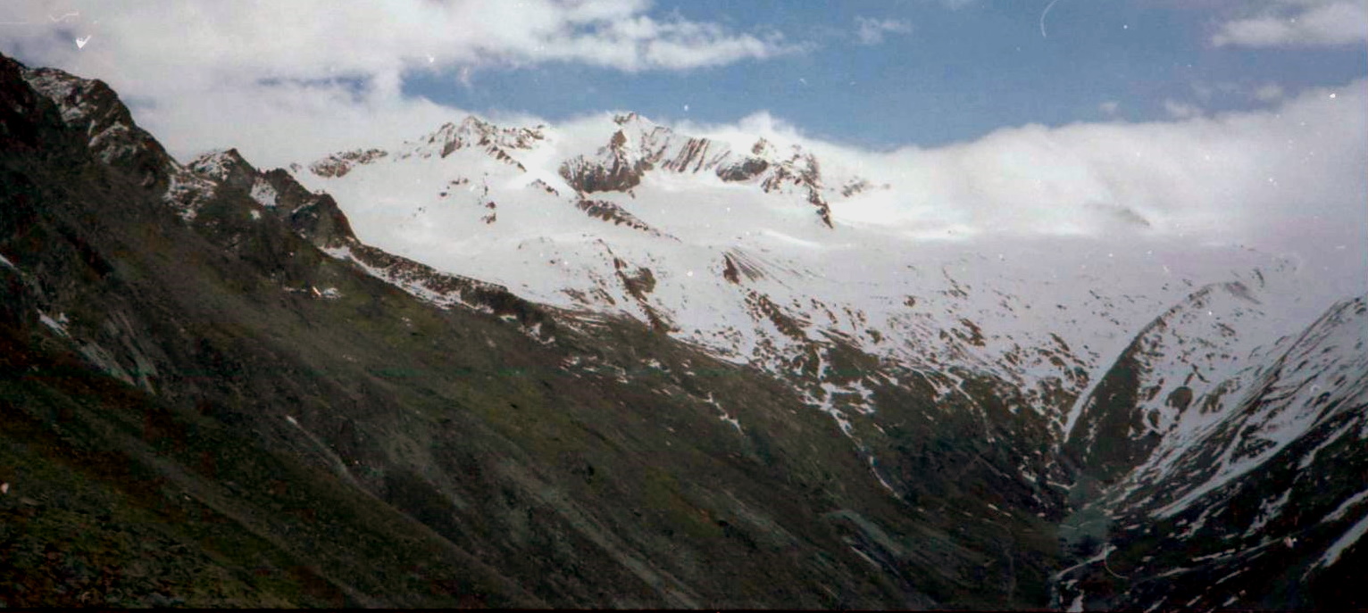 Taschhorn, Dom and Lenzspitze from above Saas Grund in the Saas Valley in the Valais Region