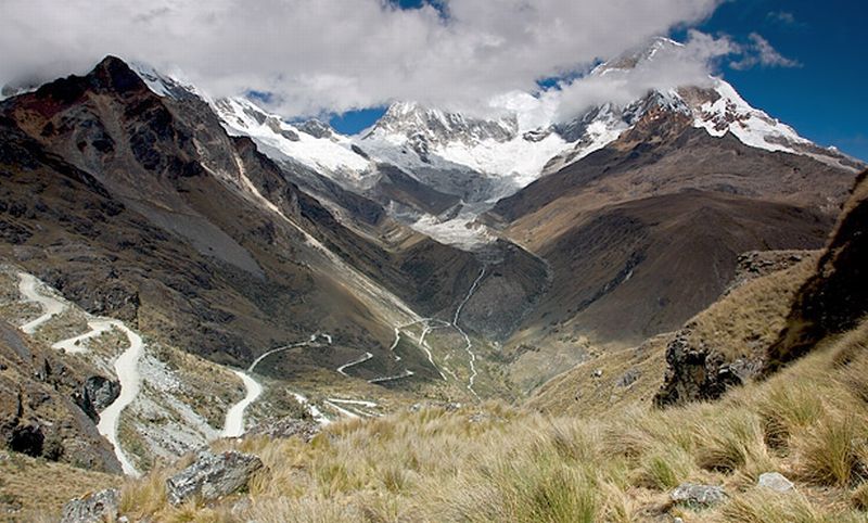 View from Portachuelo Pass ( 4767 metres ) in the Huayhuash region of the Andes of Peru