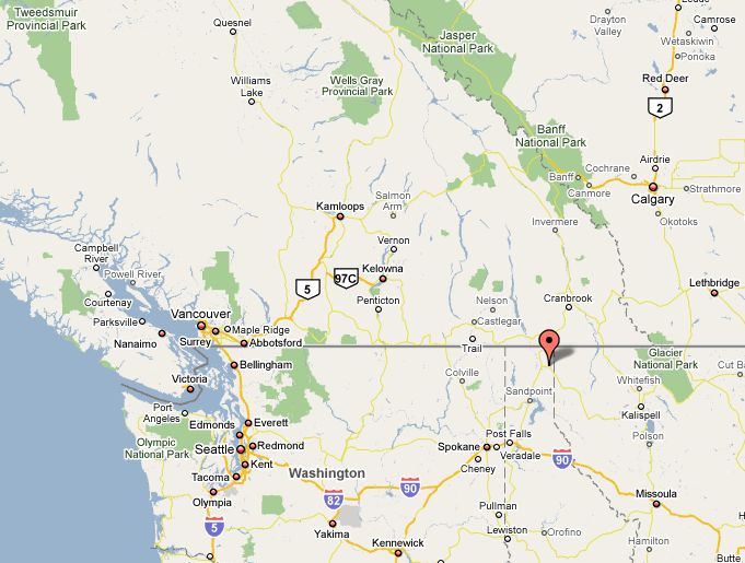 Location Map for Moyie Falls in Idaho, USA